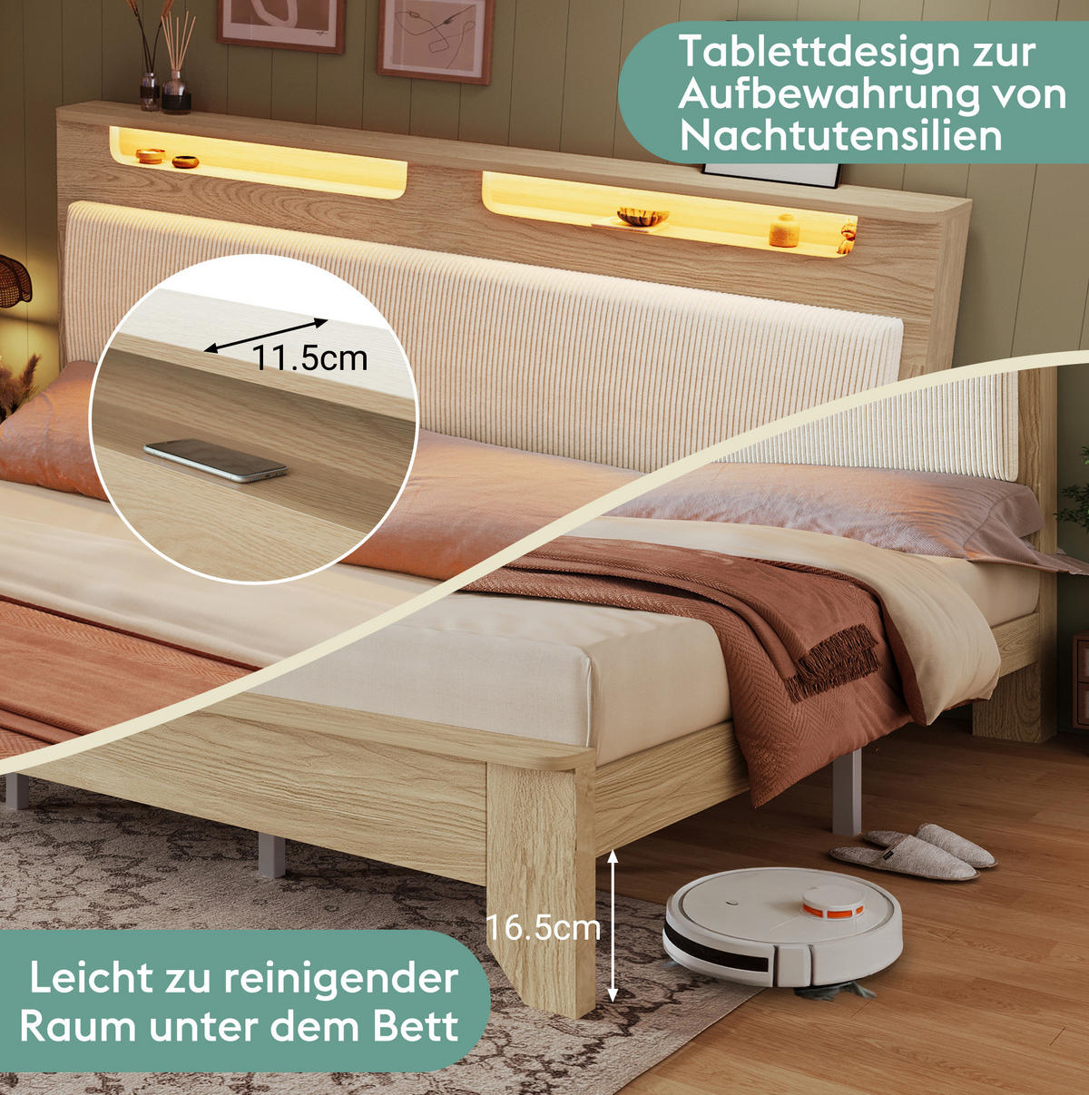 POLSTERBETT 140/200 cm aus Holz und Cordstoff mit LED-Beleuchtung, Stauraum-Kopfteil und Bettbank, Eichefarben/Beige - Beige, Textil (140/200cm) - Redom