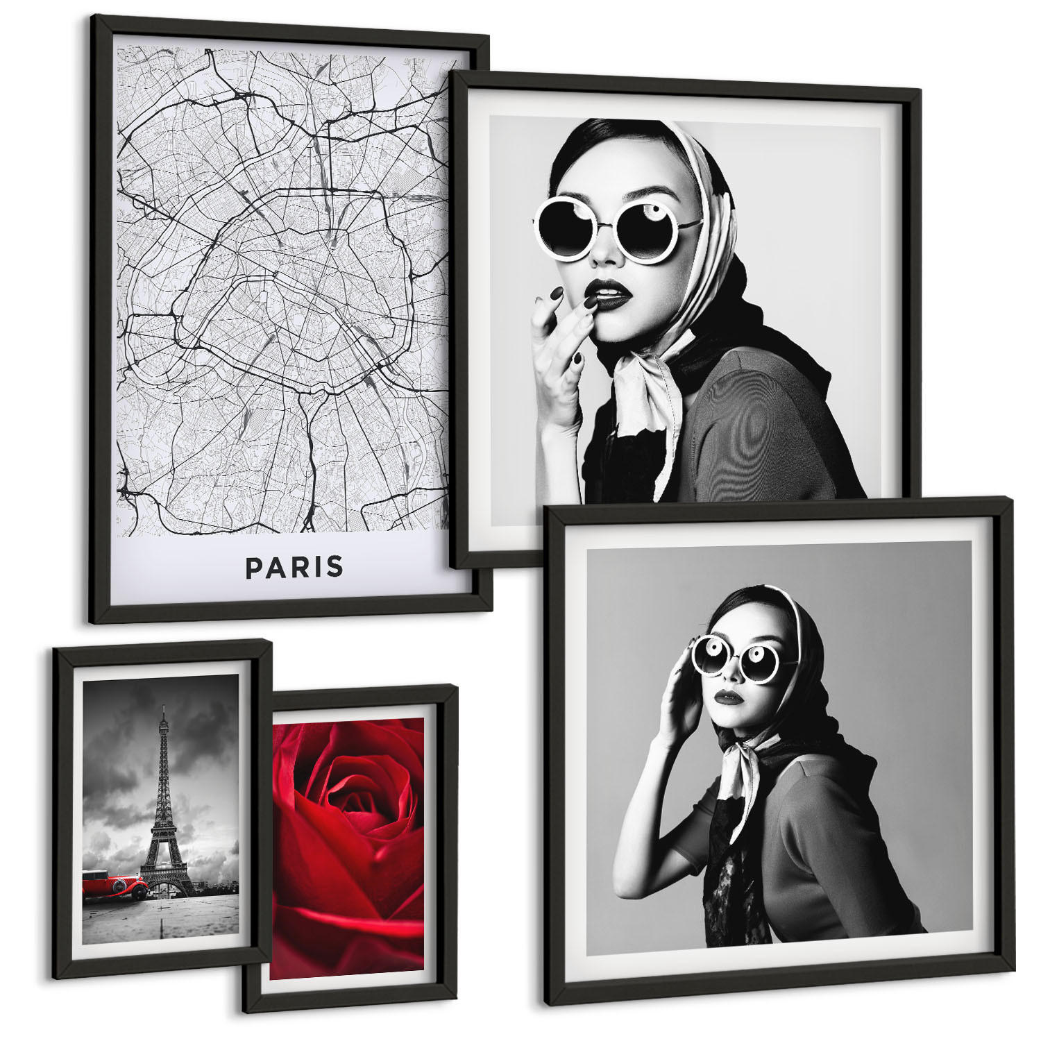 BILDER SET 5er Set - 50x50 cm & 20x30 cm & 40x60 cm Schwarzer Rahmen - Pariserin mit Eiffelturmbrille - Schwarz, Kunststoff (40/60cm) - TULUP