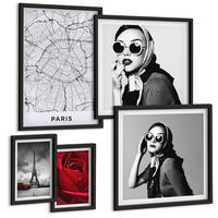 BILDER SET 5er Set - 50x50 cm & 20x30 cm & 40x60 cm Schwarzer Rahmen - Pariserin mit Eiffelturmbrille - Schwarz, Kunststoff (40/60cm) - TULUP