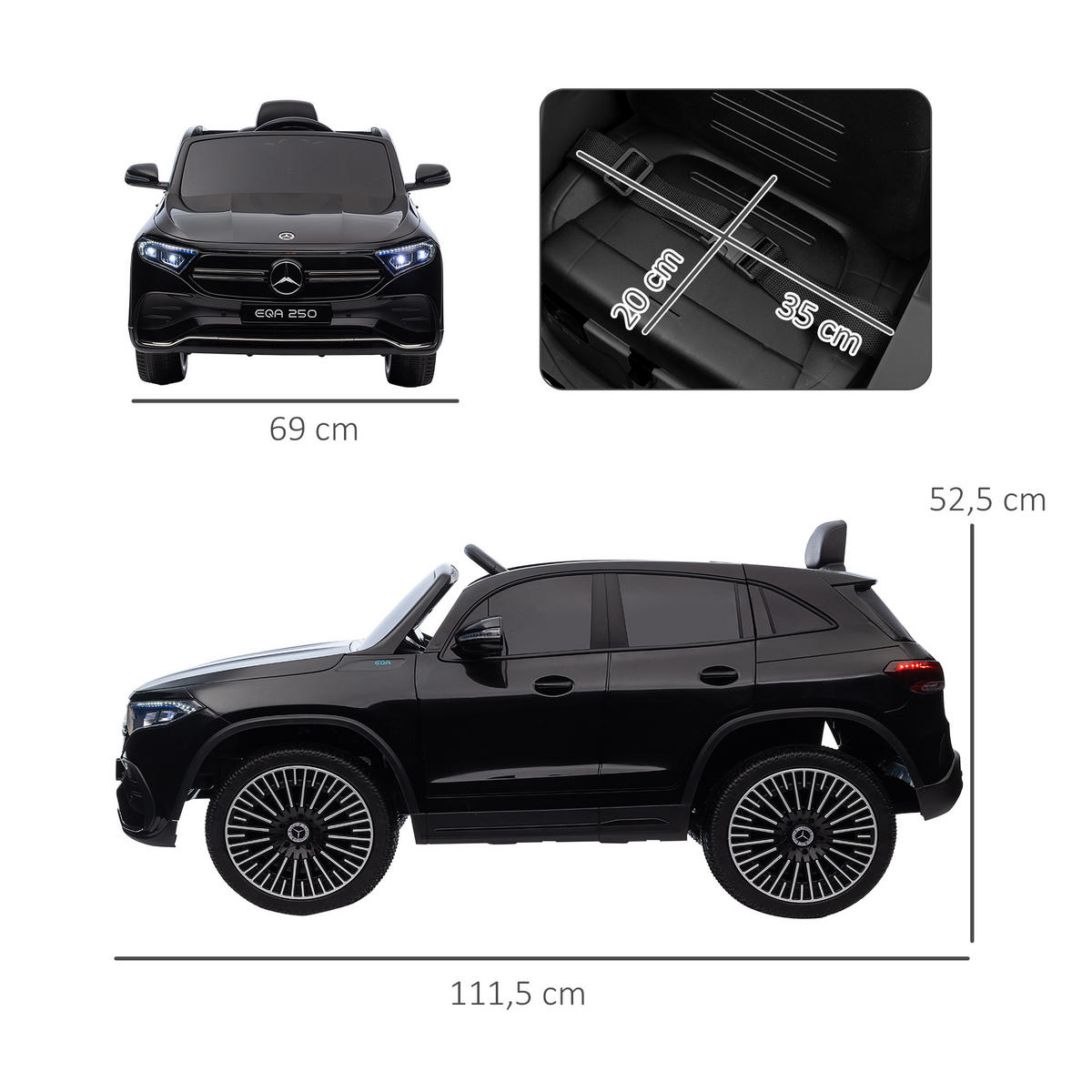 KINDER ELEKTROAUTO, Schwarz/Weiß, Kunststoff+ Metall - Schwarz, Metall (111.5/69/52.5cm) - HOMCOM