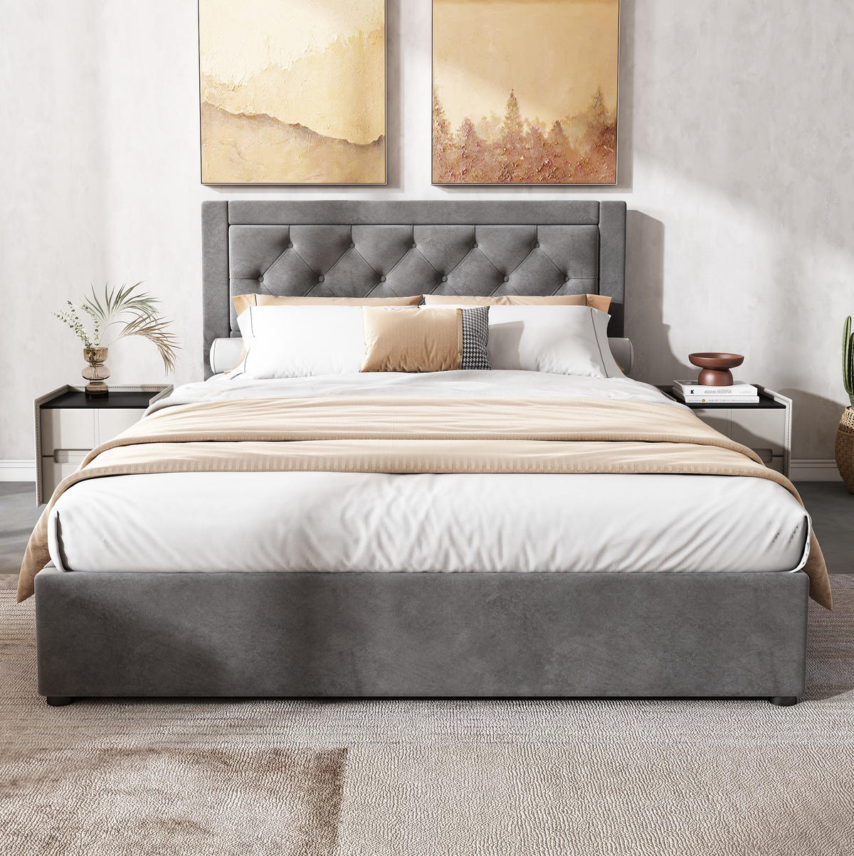 POLSTERBETT 140/200 cm mit Stauraum, Samtbezug und Chesterfield-Kopfteil, Grau - Grau, Metall (140/200cm) - Redom
