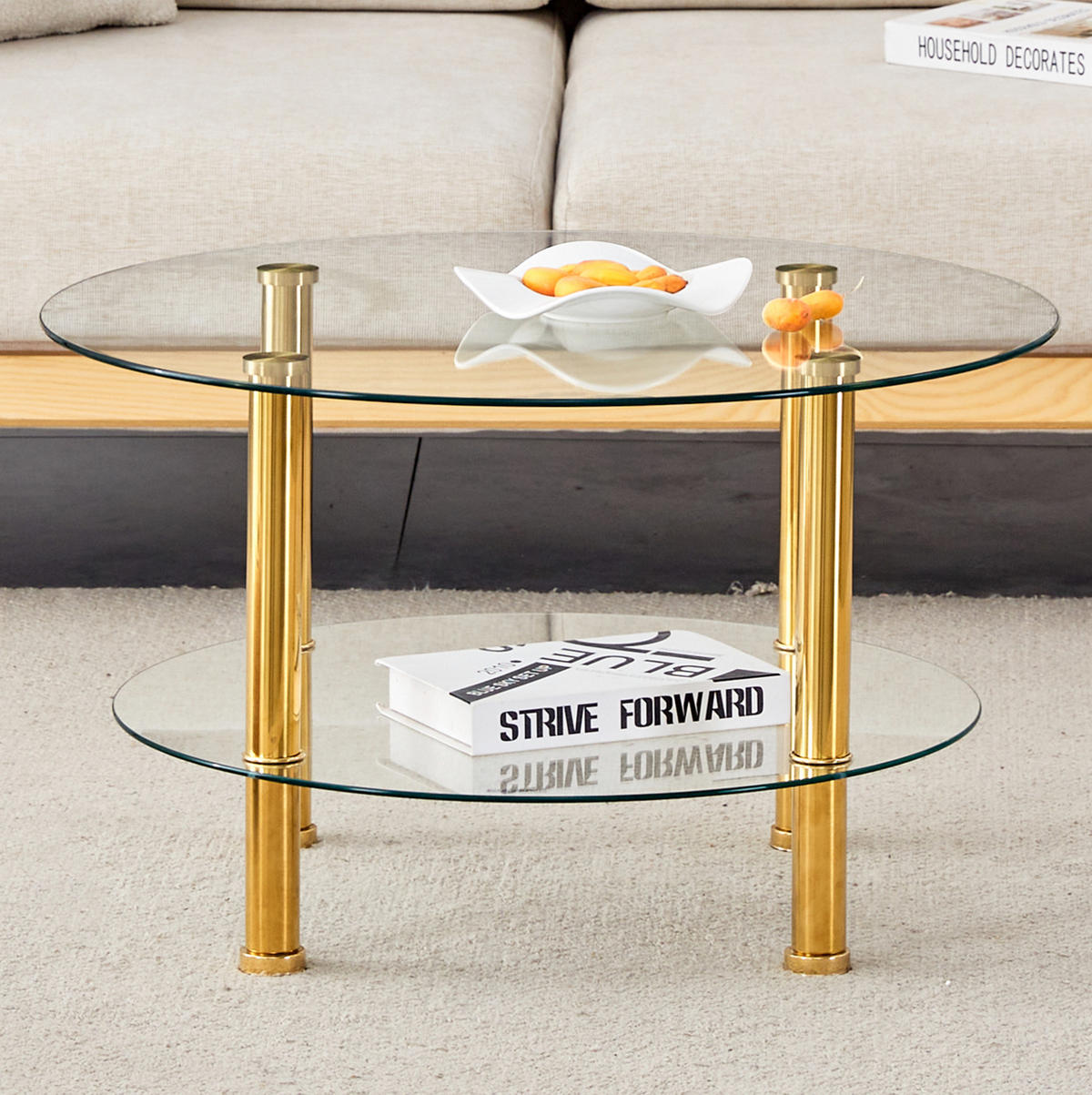 COUCHTISCH 70/70/42 cm mit 2 Glasplatten und Metallgestell, moderner leiser Luxus, Gold/Transparent - Goldfarben, Glas (70/70/42cm) - Redom