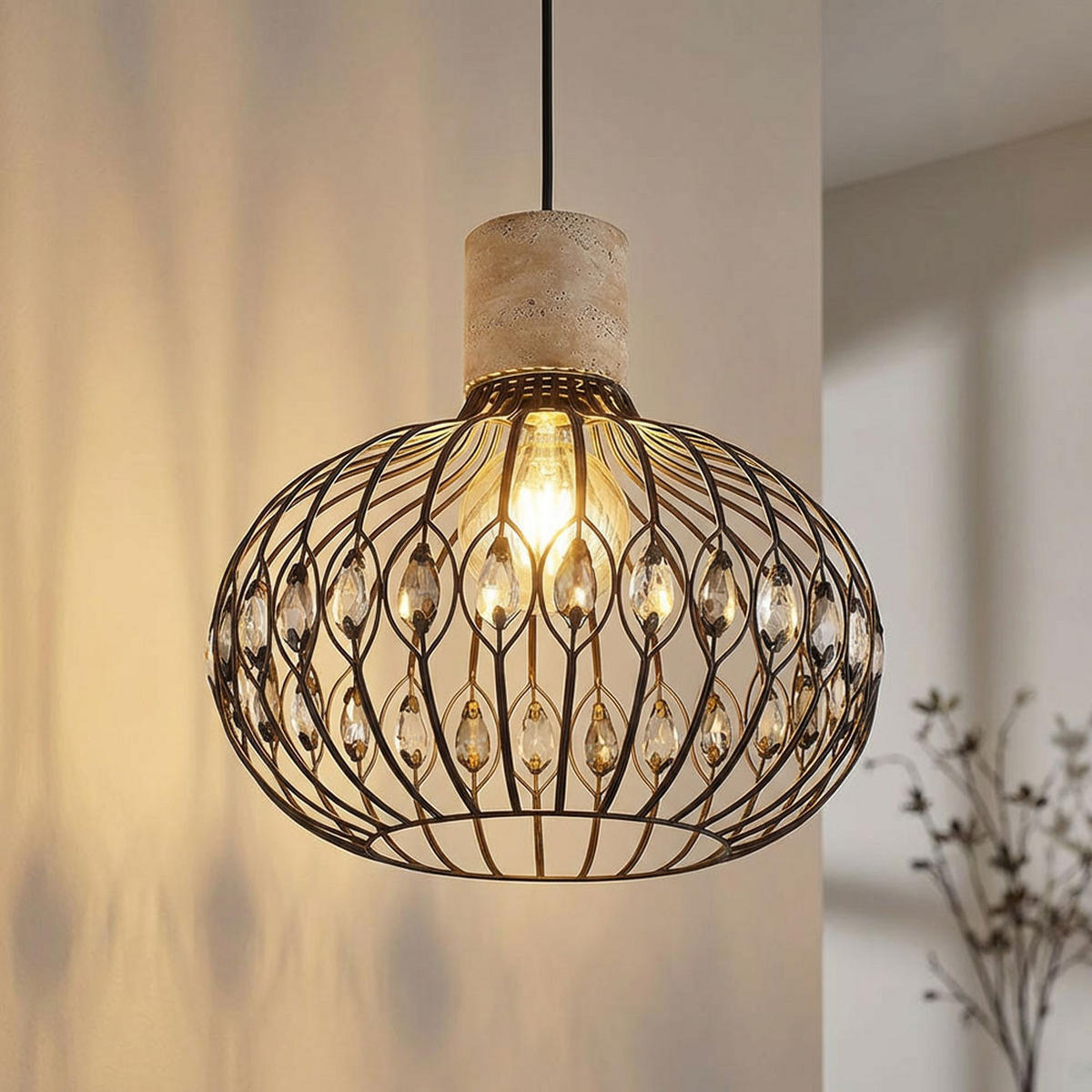 LED PENDELLEUCHTE Travertin Schwarz höhenverstellbar - Schwarz, Metall (38/38/150cm) - Globo Lighting