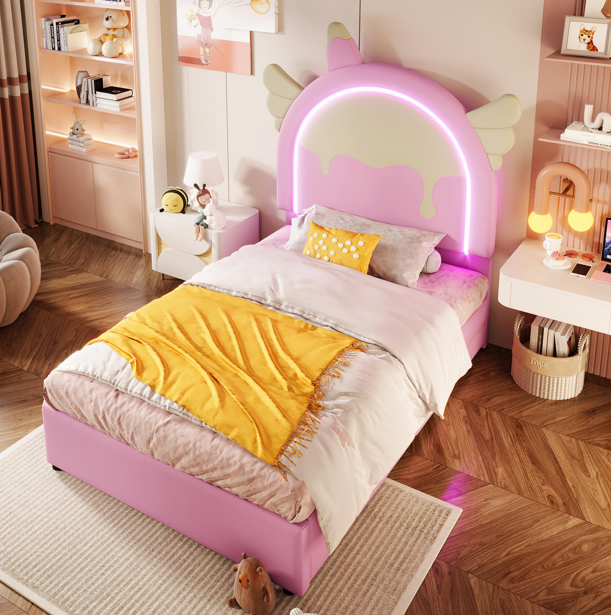 POLSTERBETT mit Leuchtleiste und 2 Schubladen 90x200 cm PU Pink - Pink, Holz (90/200cm) - Meubliv