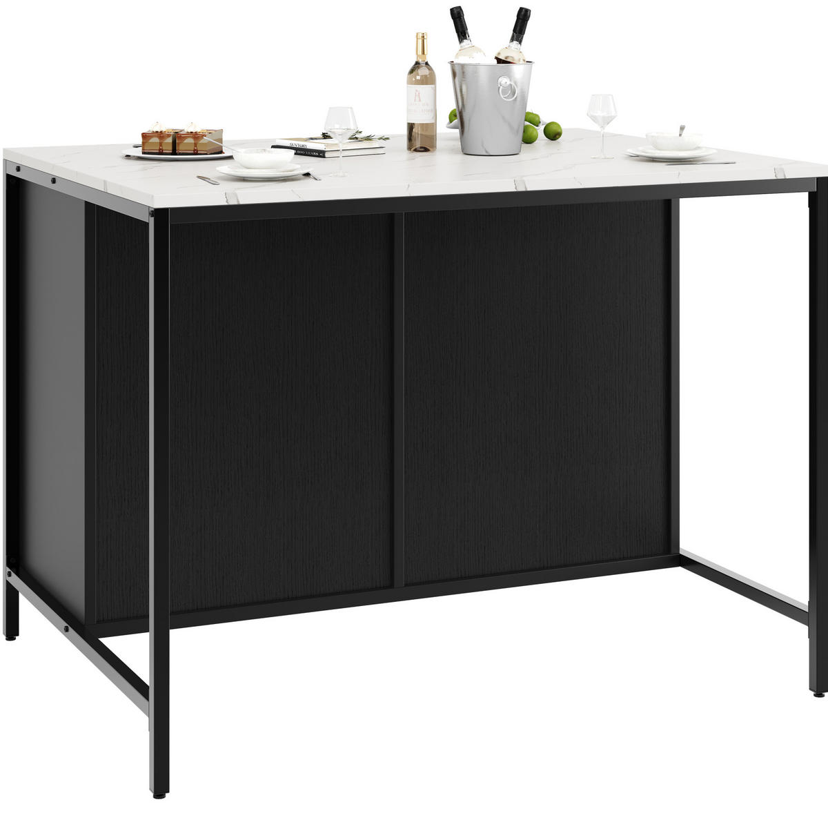 BARSKA miza 100/90/90 cm z videzom marmorja, predali in prostornimi predelki, Črna - črna, leseni material (90/90/100cm) - Redom