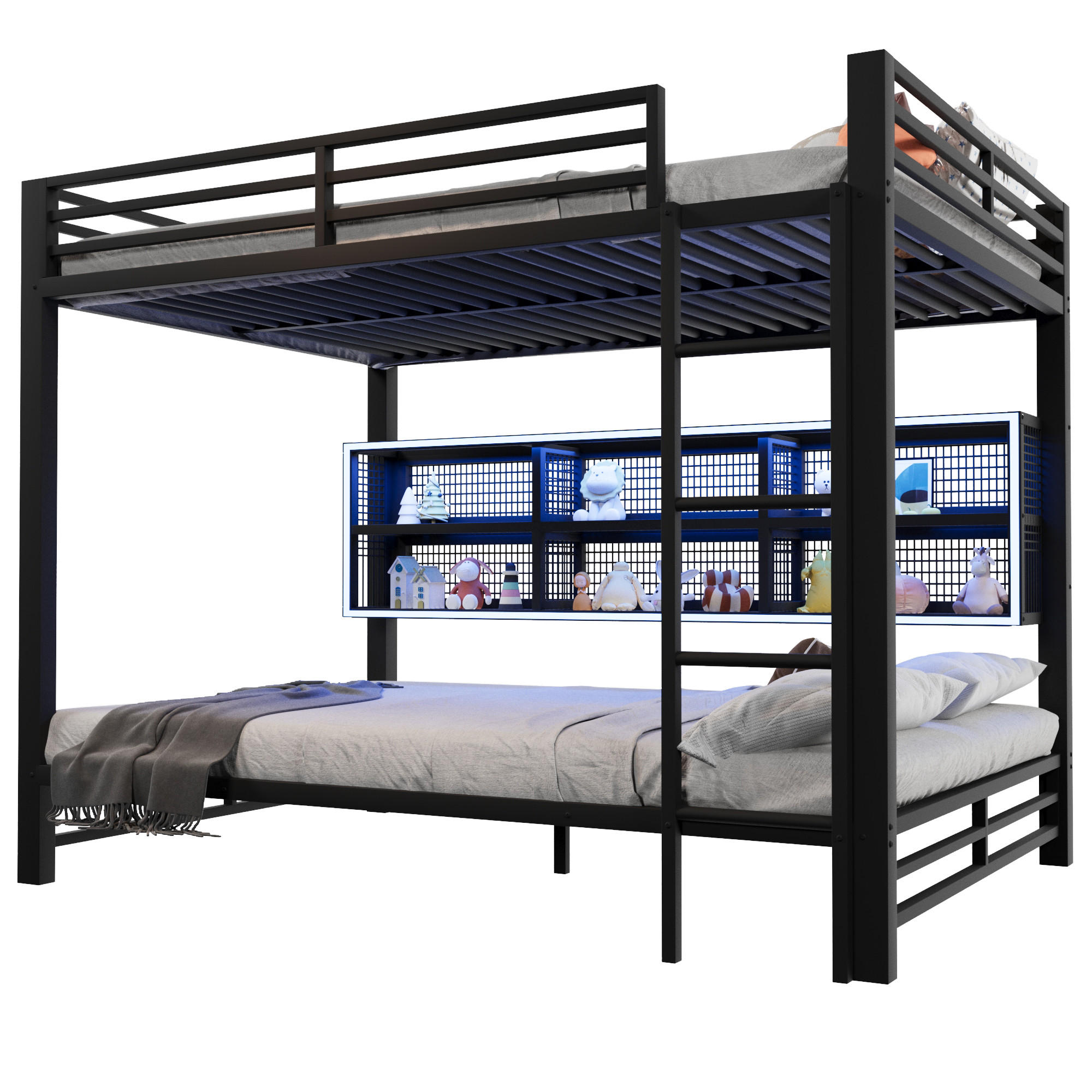 ETAGENBETT 140/200 cm schwarz aus Metall mit Stauraumschränken und LED - Schwarz, Metall (140/200cm) - OKWISH
