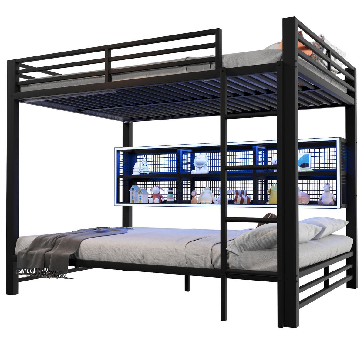 ETAGENBETT 140/200 cm schwarz aus Metall mit Stauraumschränken und LED - Schwarz, Metall (140/200cm) - OKWISH