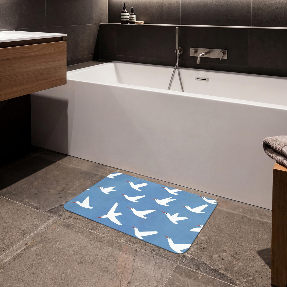 BADEMATTE Vögel - Weiß - Muster 60x40 cm - Blau, Kunststoff/Textil (60/40cm)