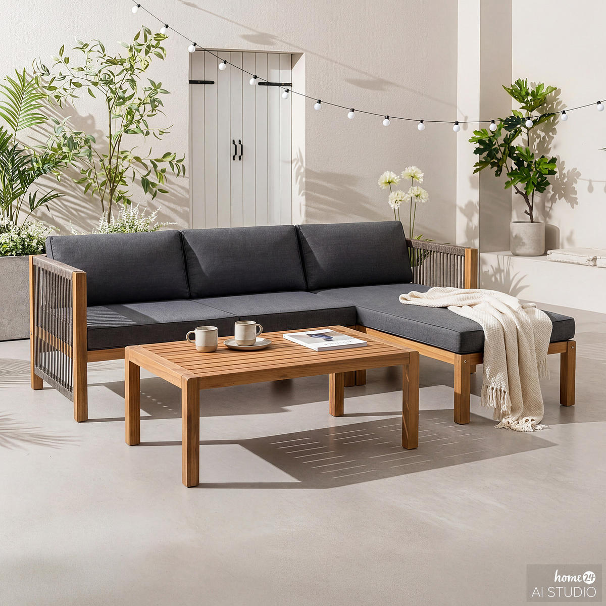 LOUNGESET - 3-teilig - Akazie massiv / Polyester - Braun/Grau, Holz/Textil - home24