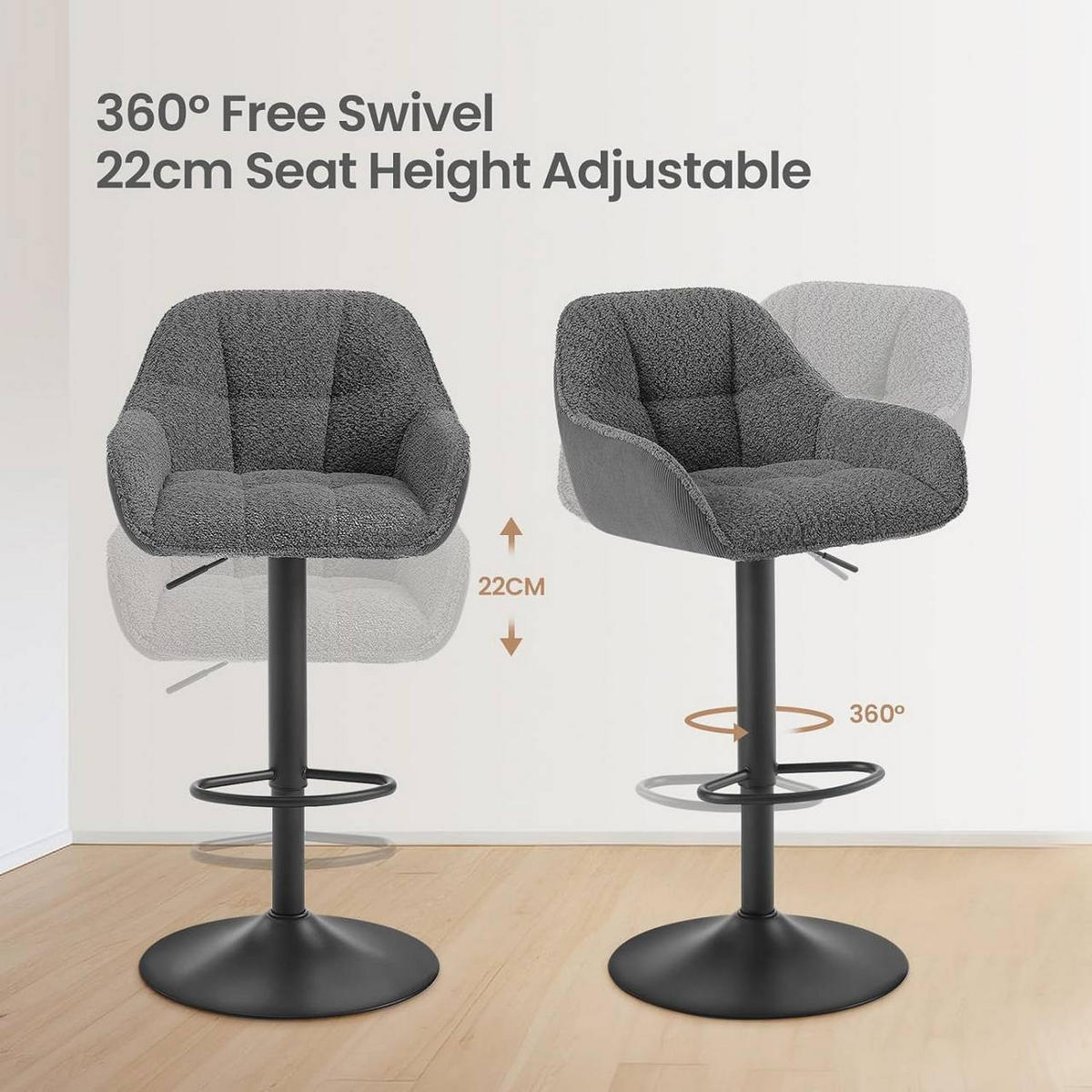 BARHOCKER gepolstert, Chenille, Cord, Dunkelgrau - Dunkelgrau/Schwarz, Kunststoff/Textil (52/87/50cm) - Woltu