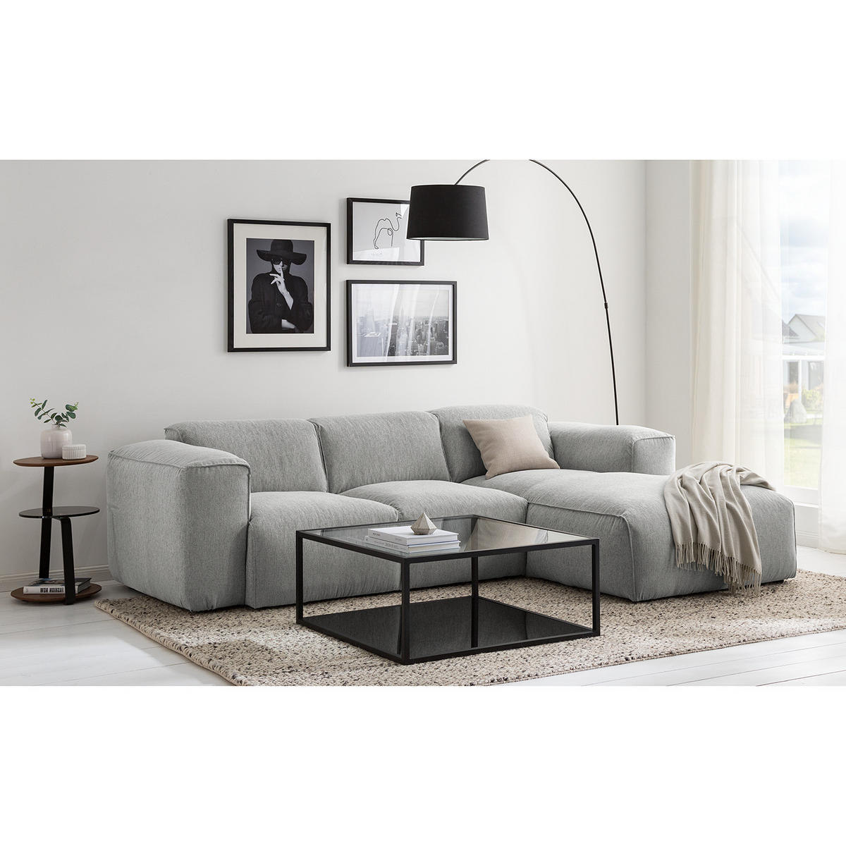 3-SITZER ECKSOFA mit Longchair - Hellgrau/Schwarz, Kunststoff/Textil (251/173cm) - home24