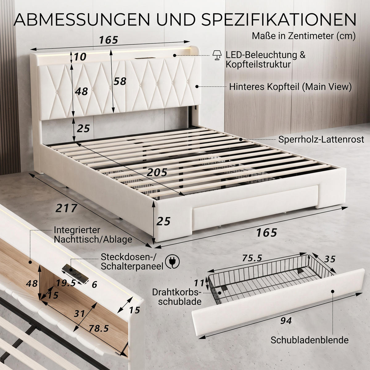 POLSTERBETT 160x200 cm mit 3 Schubladen, bett 160x200 mit USB und LED, Stauraum, Lattenrost, Samt, Beige - Beige, Holz/Textil (160/200cm) - GENKI LIVING