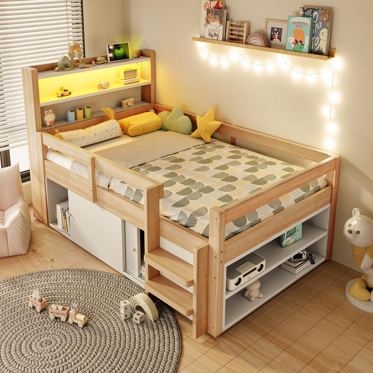 HOCHBETT 90/200 cm in Natur mit Ablageflächen, Staufächern, Schiebetüren, LED und USB - Naturfarben, Holzwerkstoff - STILVORA