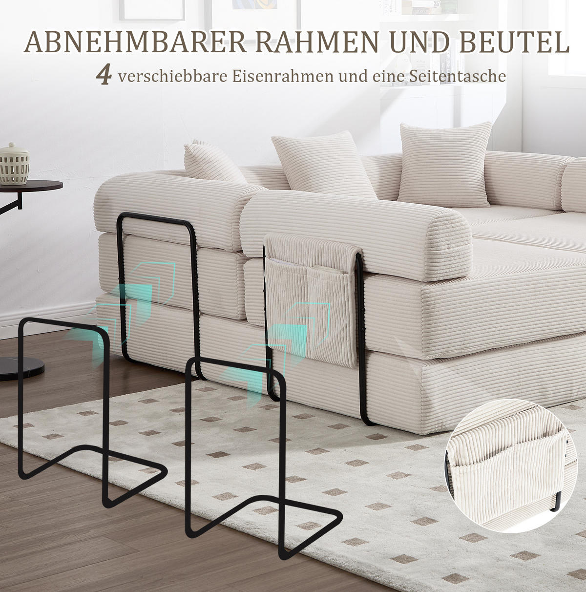 ECKSOFA 270/180/64 cm Beige aus Cord mit Schlaffunktion und Seitentasche - Beige, Textil (180/270cm) - OKWISH
