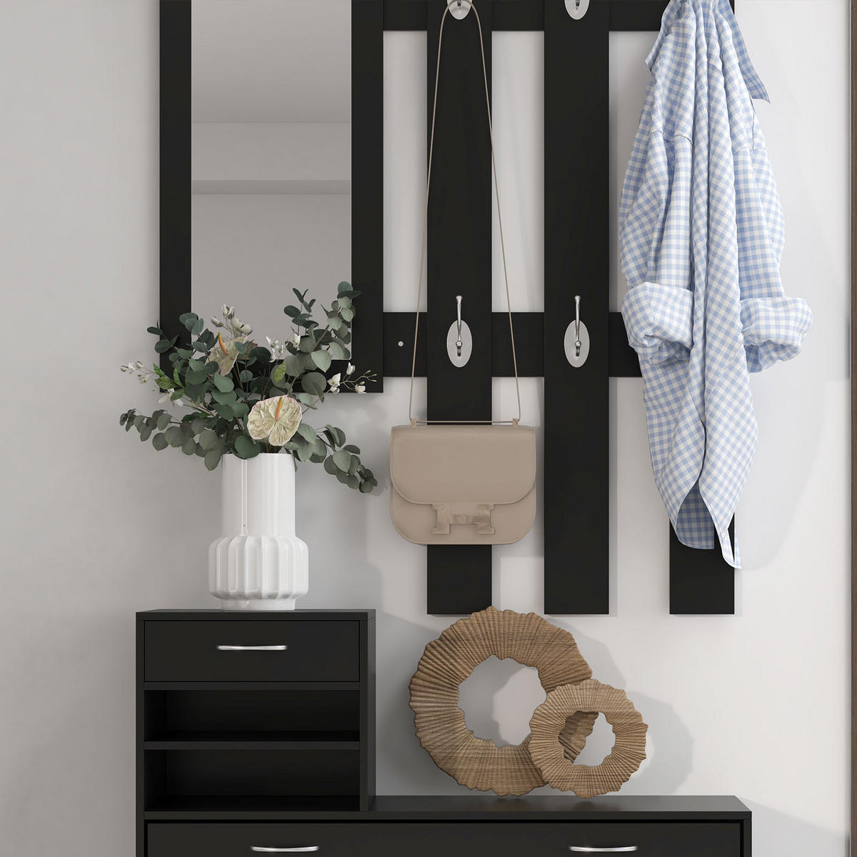GARDEROBE DE-16743 3-in-1 mit Spiegel & Schuhbank Schwarz - Schwarz, Holzwerkstoff (10/91/90cm) - ComfortXL