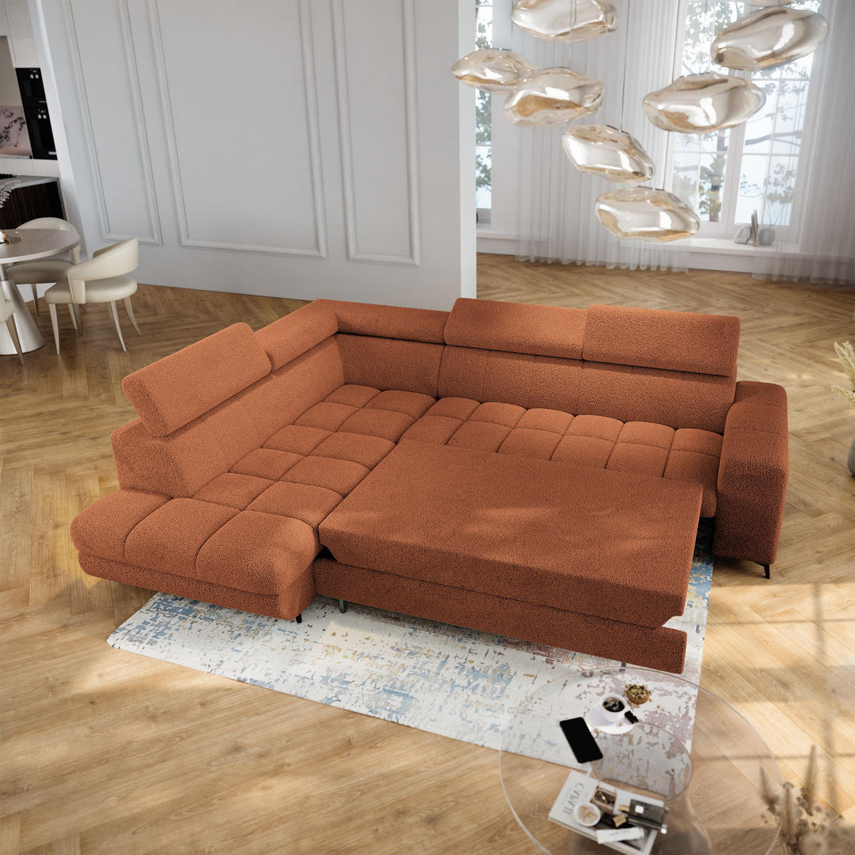 ECKSOFA MORIVA Q L-S Orange Boucle-Stoff mit Schlaffunktion - Orange, Holzwerkstoff/Textil (253/190cm) - MASSENO