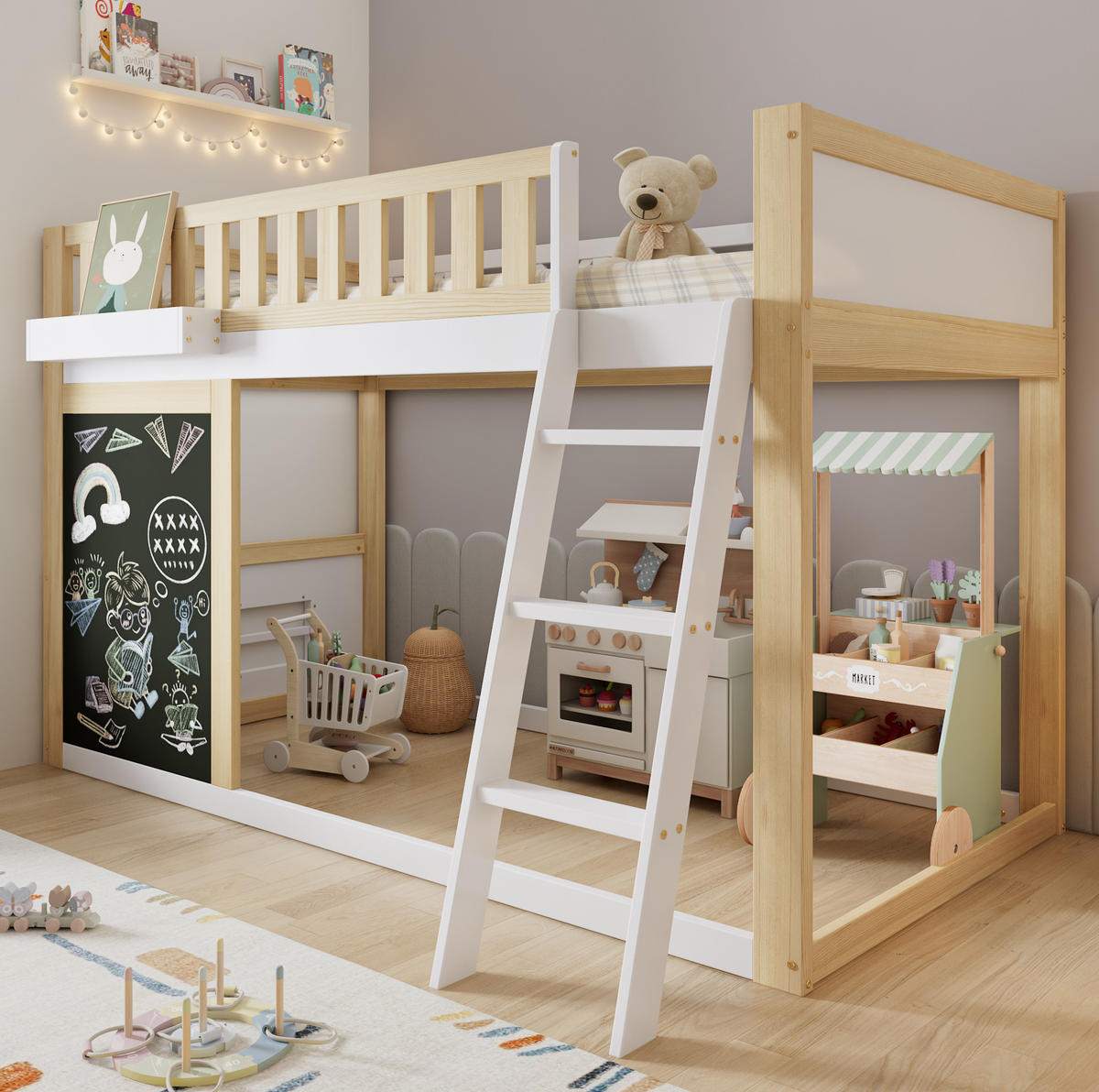 HOCHBETT Kinder 90/200 cm Weiß Natur mit Tafel, Aufbewahrungsbox und Stauraum ohne Matratze - Weiß, Holz (90/200cm) - MIVRAY