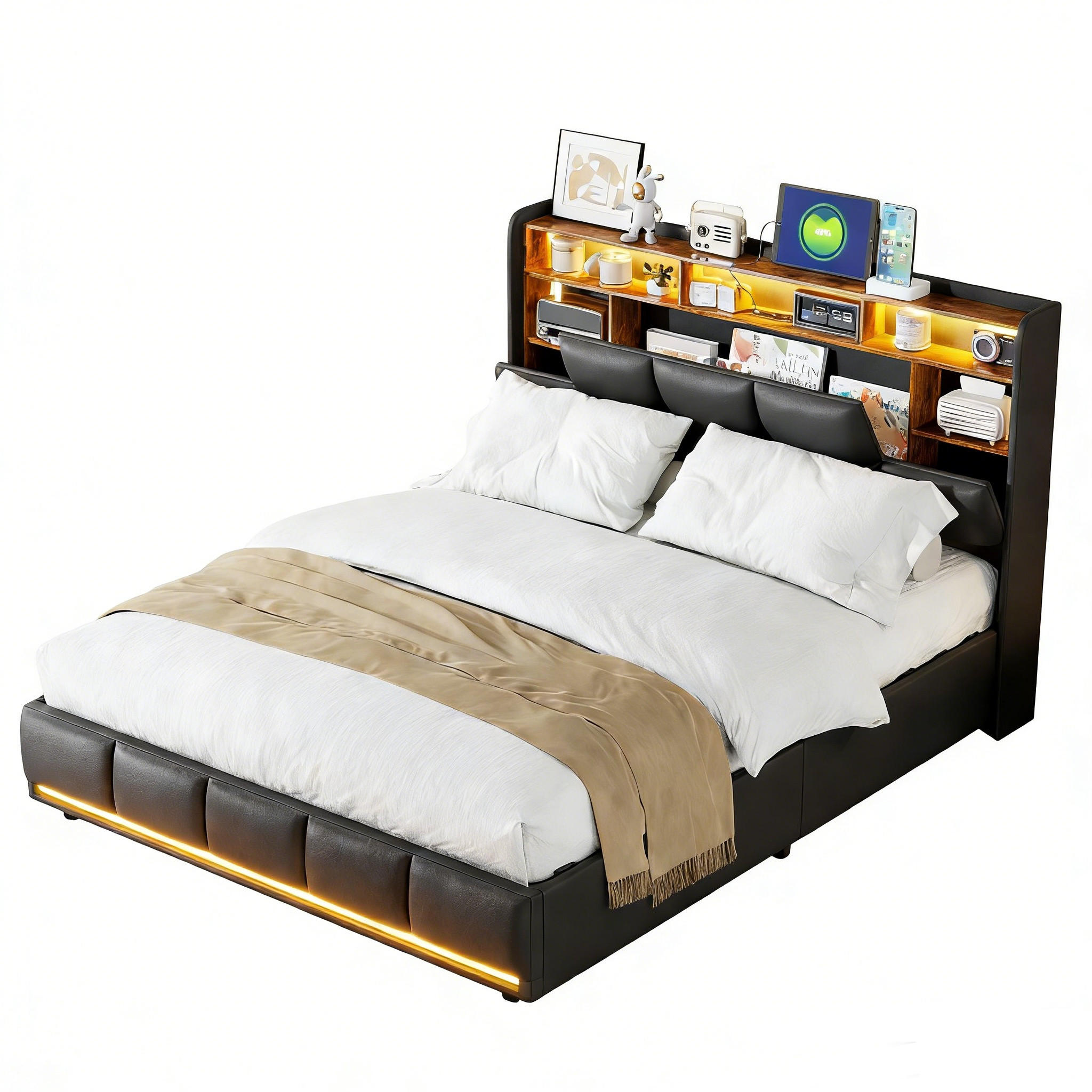 STAURAUMBETT Doppelbett 160x200 cm Kunstleder mit Stauraum LED und USB-Ladefunktion - Schwarz, Holz (160/200cm) - PARAFTA HOME