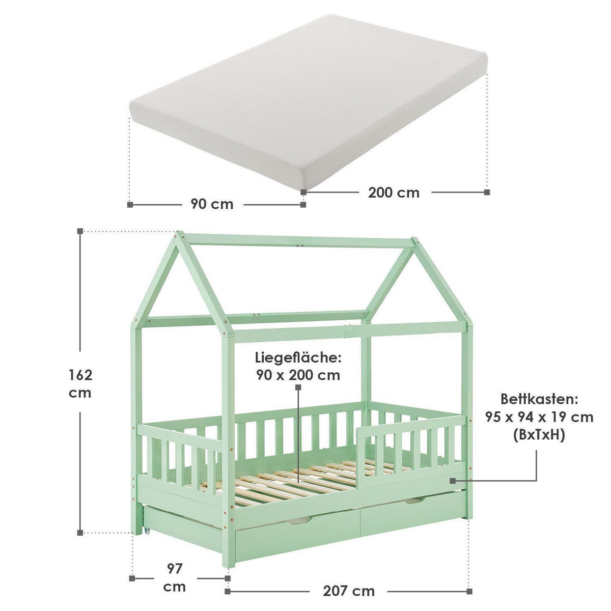 KINDERBETT Marli mit Matratze und Bettkasten mint 90x200 cm - Mintgrün, Holz (90/200cm) - Juskys