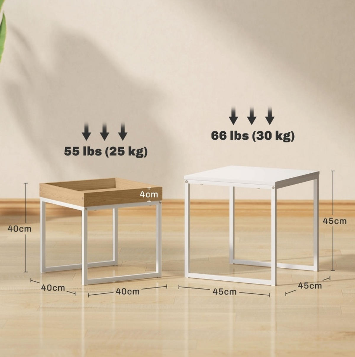 COUCHTISCH-SET 45/45/45 cm & 40/40/40 cm ineinanderschiebbar mit abnehmbarem Tablett und Stahlgestell, Weiß - Weiß, Metall (45/45/45cm) - Redom