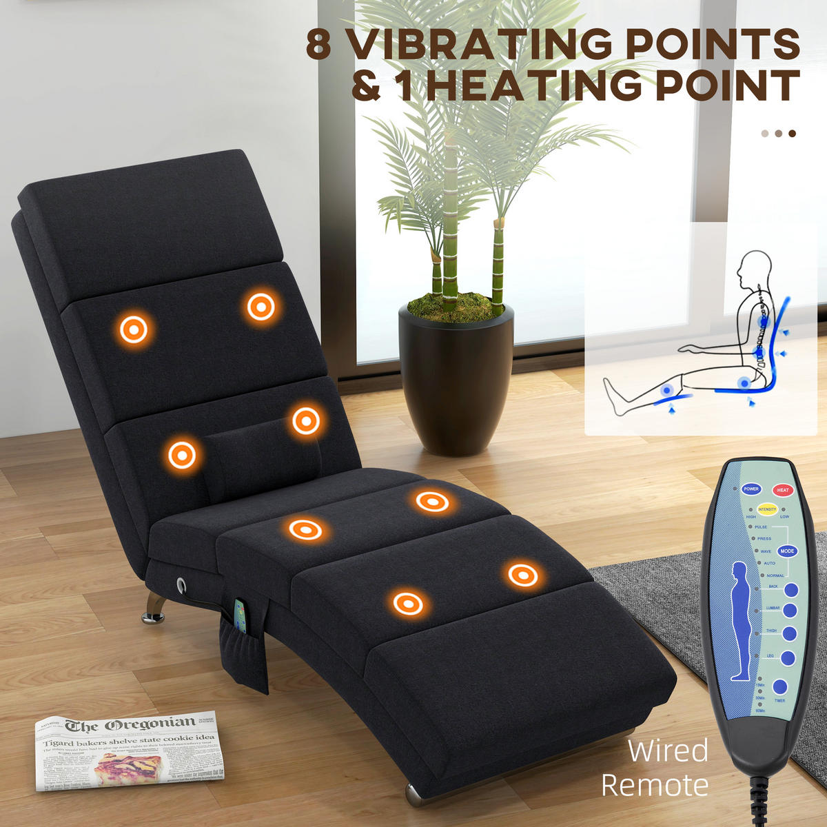 RELAXLIEGE mit 5 Massagemodi, Heizfunktion, Schwarz - Schwarz, Textil/Metall (56/84/168cm) - HOMCOM