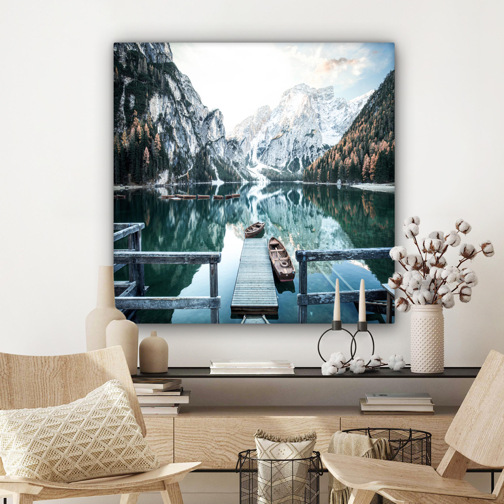 LEINWANDBILD Natur - Berge - Schnee - Wald - Boot 90x90 cm - Hellgrün, Textil (90/90cm) - MuchoWow