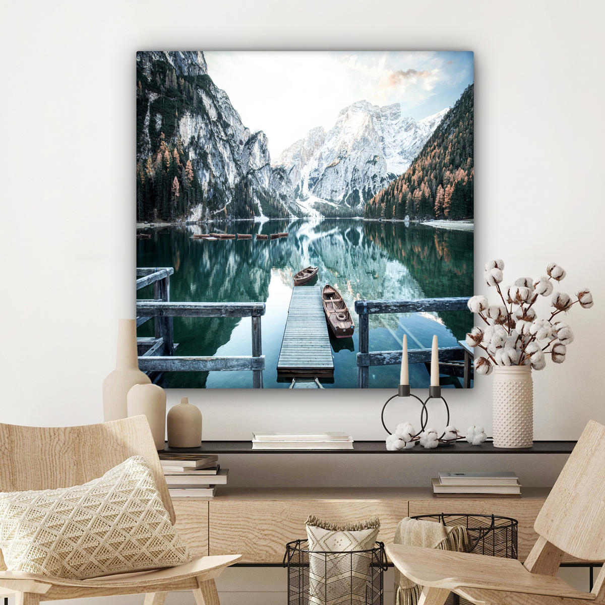 LEINWANDBILD Natur - Berge - Schnee - Wald - Boot 90x90 cm - Hellgrün, Textil (90/90cm) - MuchoWow