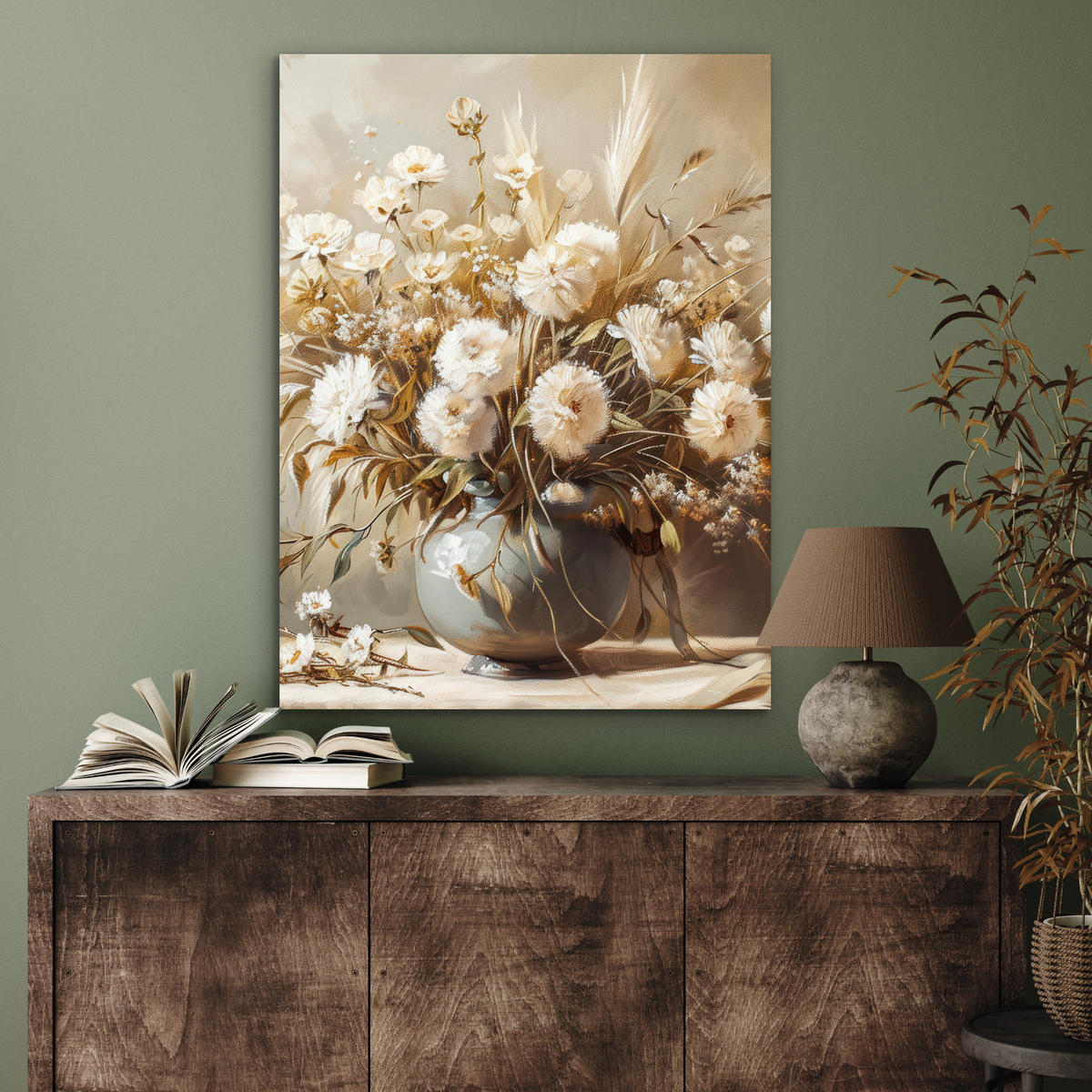 KOVOVÝ OBRAZ Kvety - Váza - Zátišie - Béžová 60x80 cm - krémová, kov (60/80cm) - MuchoWow