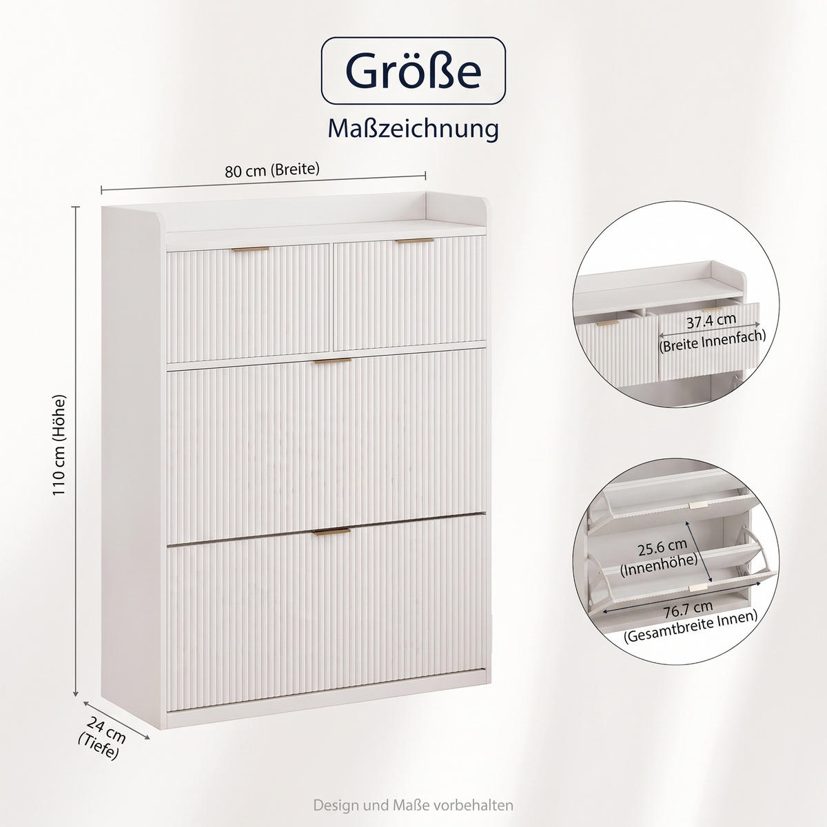 SCHUHSCHRANK mit zwei Schubladen und zwei Klappfächern, schmales Eingangsmöbel, mit Kippschutz, Weiß - Goldfarben/Weiß, Holzwerkstoff/Metall (24/110/8cm) - GENKI LIVING