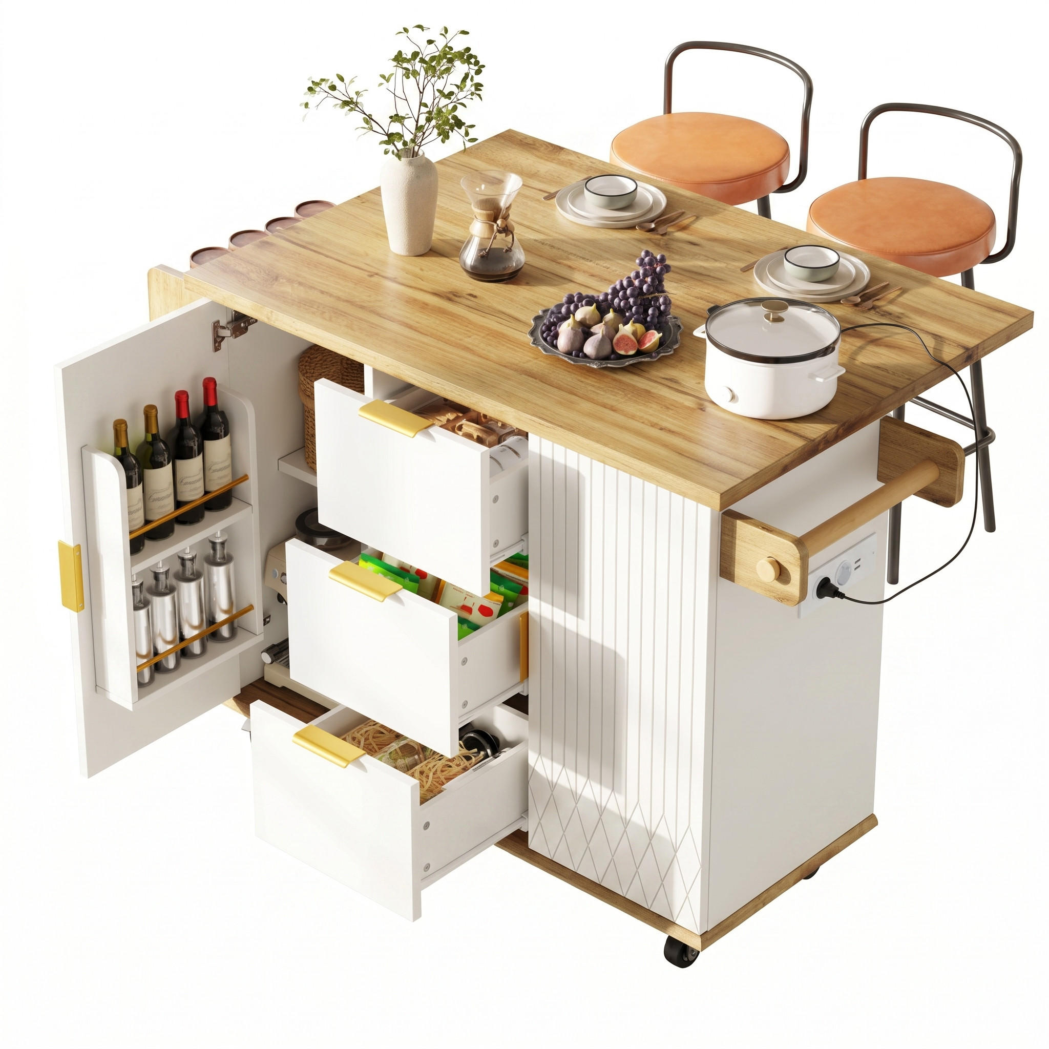 KÜCHENWAGENSET Mit 2 Ergonomischen Barhockern, Weiß Holzoptik - Multicolor, Metall (54.51/14.5/125.5cm) - FLIEKS