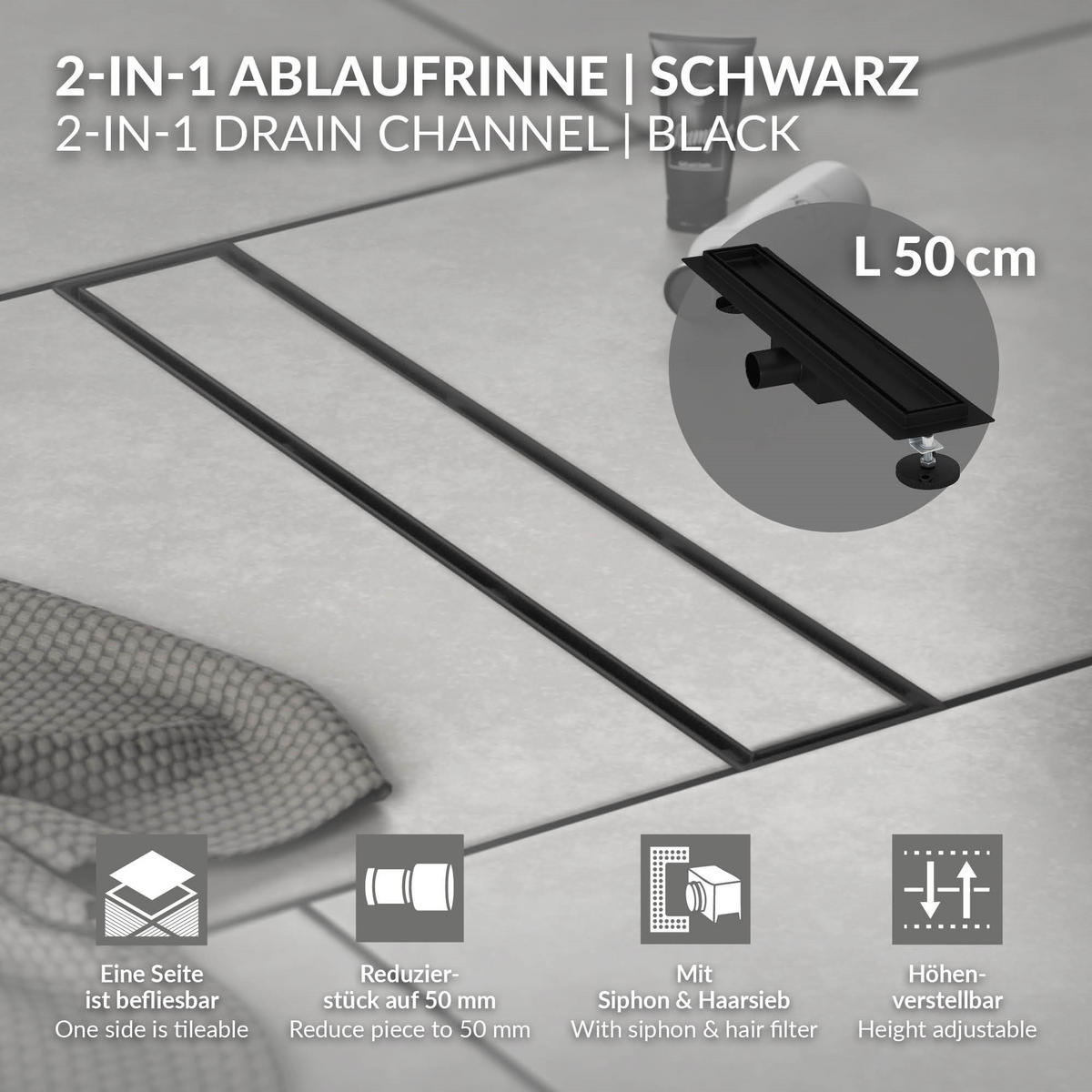 DUSCHRINNE 50cm - Schwarz, Metall (13.9/7.8/54cm) - LuxeBath