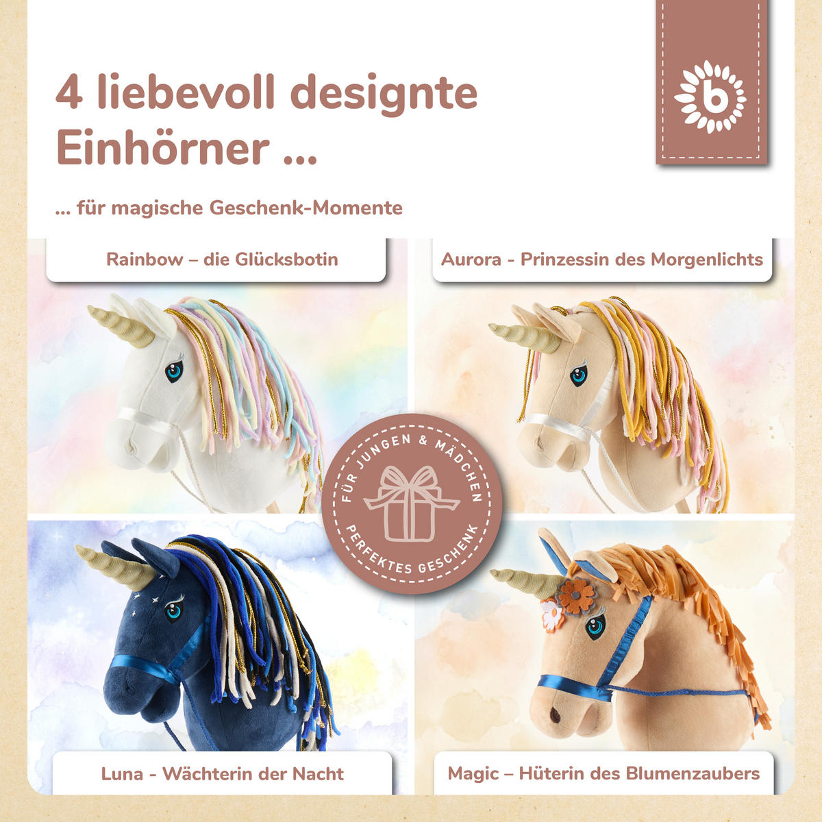 STECKENPFERD Einhorn Aurora aus Holz - Beige, Textil (33/92cm) - Bieco Spielwaren