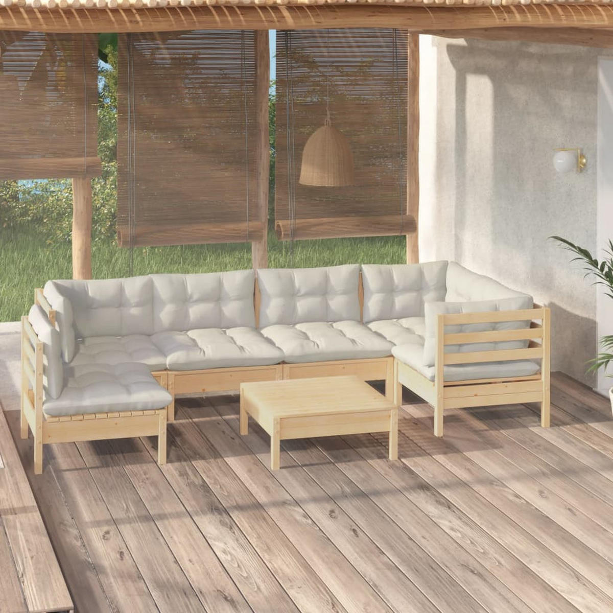 GARTEN-LOUNGE-SET 7-teilig Mit Creme Kissen Kiefernholz - Creme, Holz - vidaXL