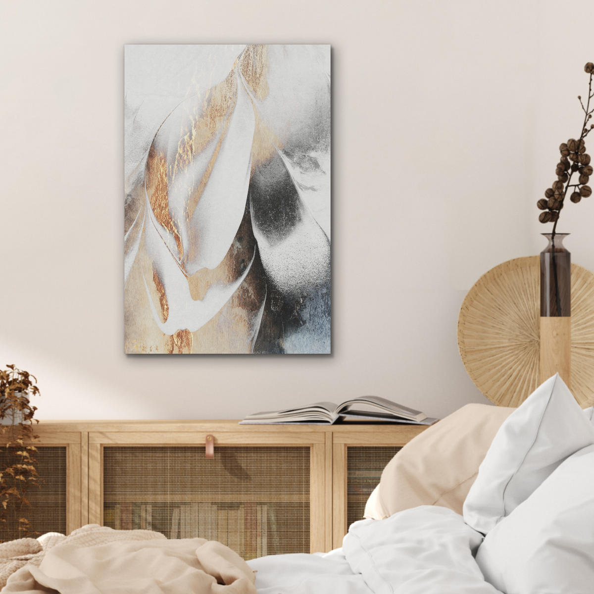 AKUSTIKBILD Luxus - Abstrakt - Gold - Weiß Kunstdruck Schlafzimmer 50x70 cm - Goldfarben, Kunststoff (50/70/0.9cm) - MuchoWow