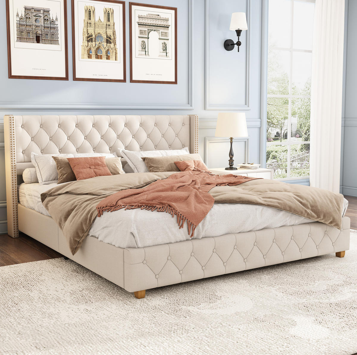 POLSTERBETT aus Leinen 160x200 cm in Beige mit Lattenrost - Beige, Textil (160/200cm) - Modfu