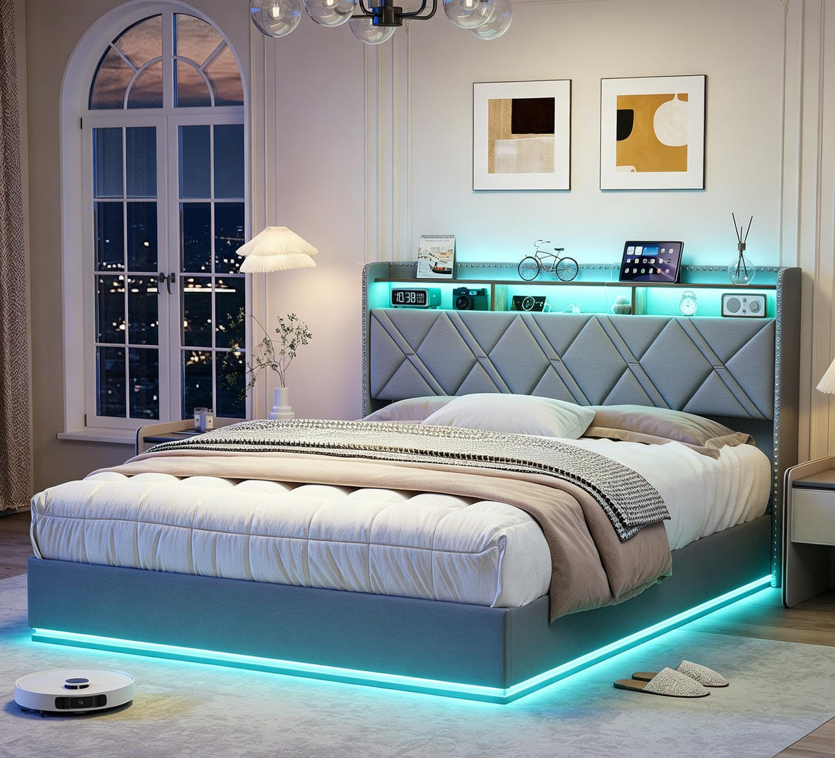 POLSTERBETT 160/200 cm Jugendbett Grau mit verstellbarer LED-Beleuchtung & USB - Grau, Holz/Textil (160/200cm) - PARAFTA HOME