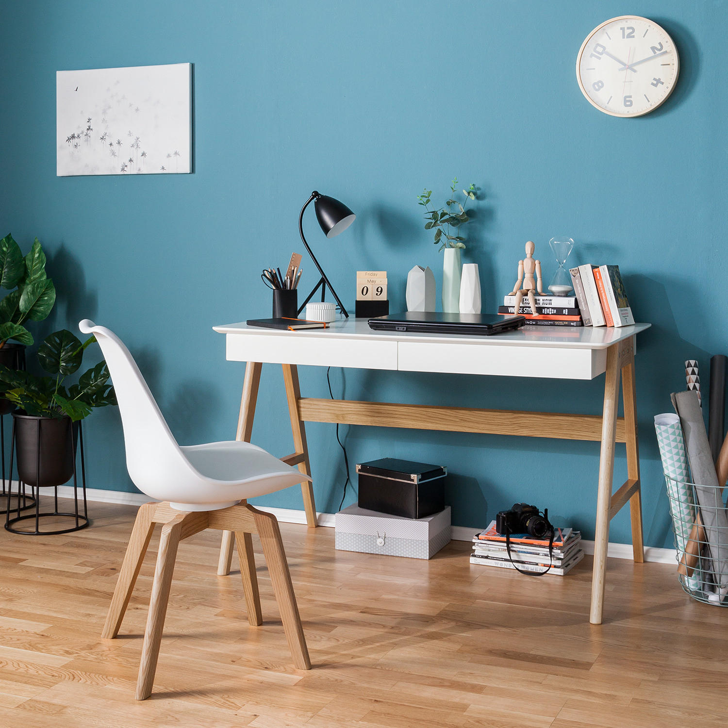 SCHREIBTISCH - Eiche teilmassiv, Weiß / Eiche - Weiß, Holzwerkstoff (70/120/75cm) - home24