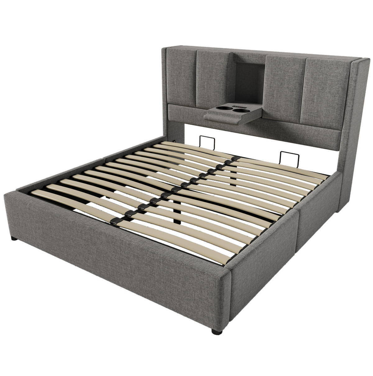 POLSTERBETT aus Leinen 140x200 cm Grau mit Bettkasten, USB-Ladestation und Becherhaltern - Grau, Textil (140/200cm) - IVMEU