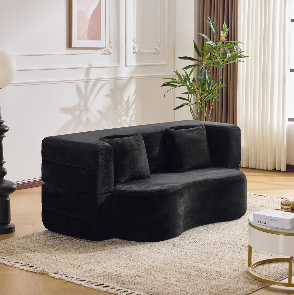 SCHLAFSOFA 2-in-1 faltbar Schwarz mit 2 Kissen - Schwarz, Kunststoff (180/70/55cm) - Meubliv