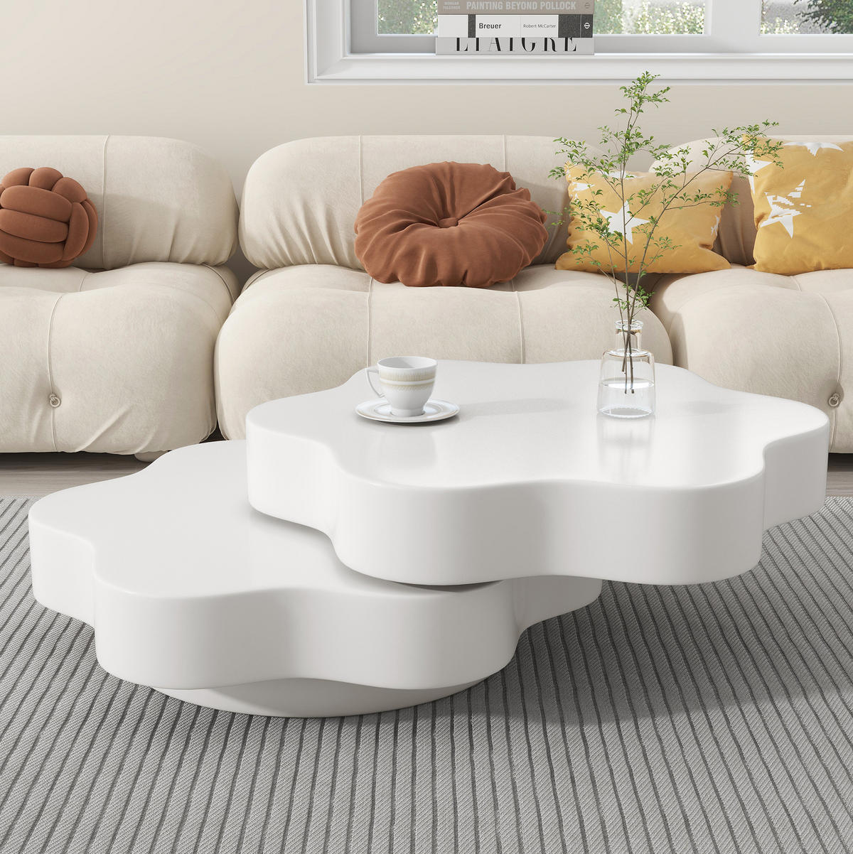 COUCHTISCH 74,8/67,5/31 cm mit 360° drehbarer Platte, Doppelkörper-Design und 2 Ablagen aus MDF, Cremeweiß - Weiß, Holzwerkstoff (74.8/67.5/31cm) - Redom