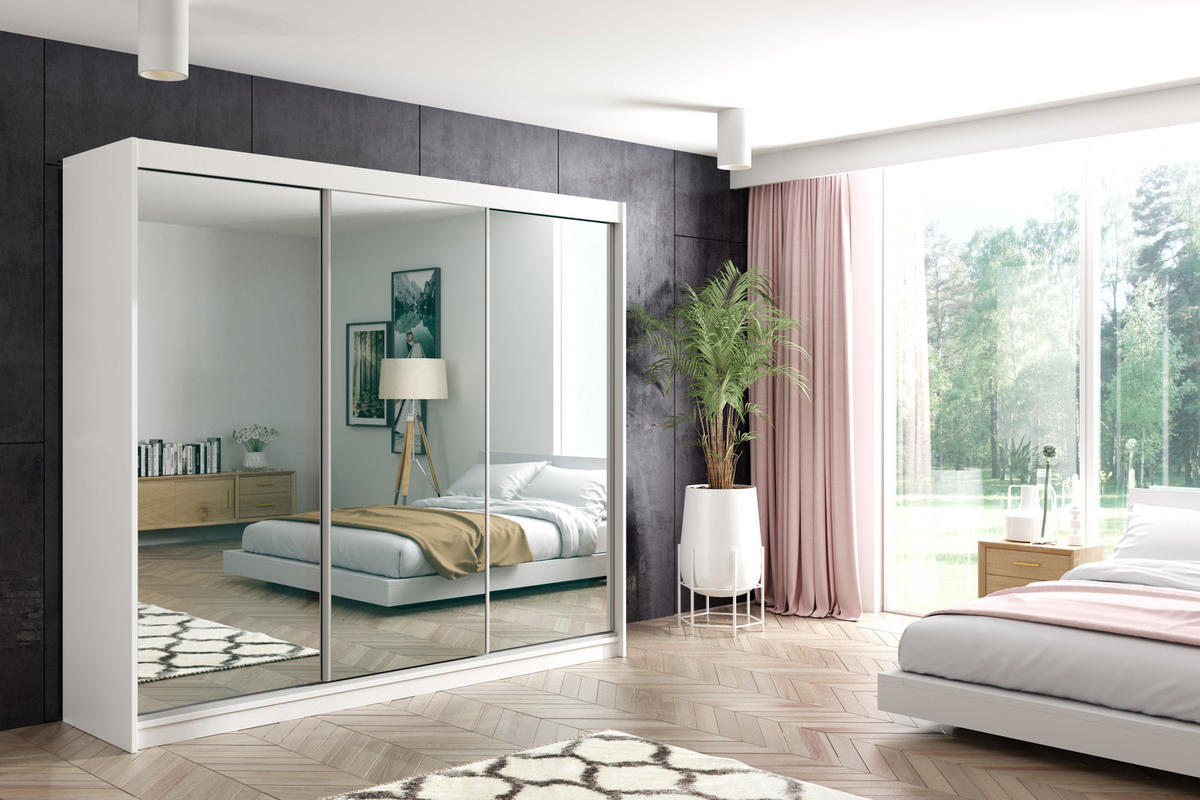 KLEIDERSCHRANK mit Spiegel-Schiebetüren und Aluminium-Leisten - DEBI - 180 cm Weiß - Weiß, Holzwerkstoff (180/216/61cm) - ALTDECOR
