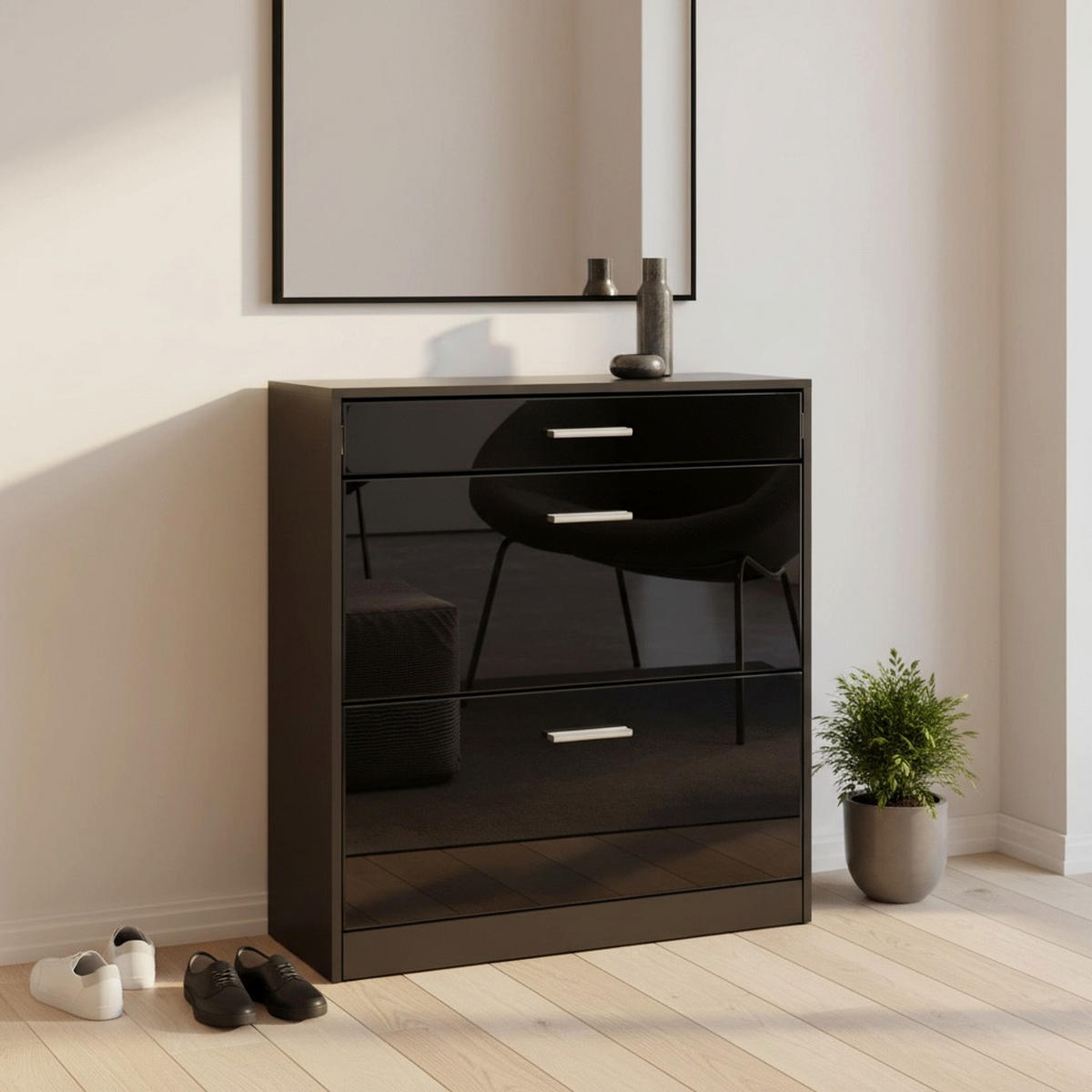 SCHUHSCHRANK Roma Schmal mit 2 Klappen und 1 Schublade, Platzsparender Schuhkipper, Schwarz/Schwarz Hochglanz (89 x 95,5 x 23 cm) - Schwarz Hochglanz, Holzwerkstoff (89/95.5/23cm) - InnoFurn