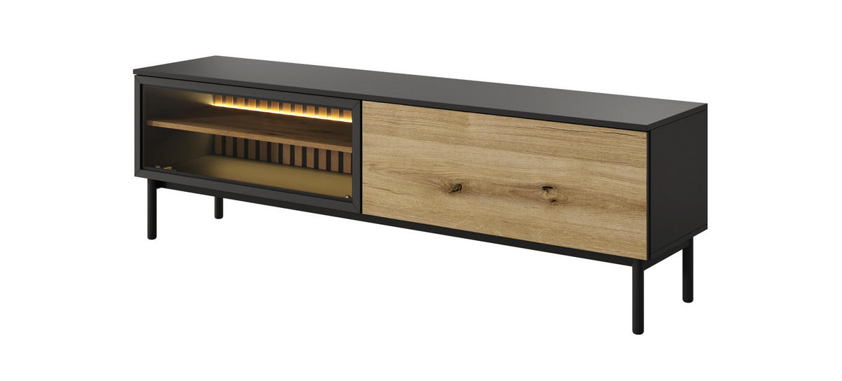 TV-SCHRANK Lango 180 Schwarz mit Eiche Evoke, Tv-Tisch mit Led-Beleuchtung - Hellbraun/Schwarz, Holzwerkstoff (180/55/39cm) - Bettso