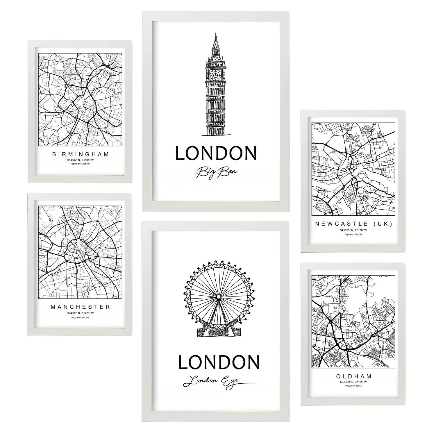 POSTER Set Mit 6 Drucke Von Uk 2 Von Karten In Schwarz Weiß A3 & A4 Weißer Rahmen - Weiß, Papier (29/3cm) - Nacnic