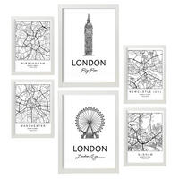 POSTER Set Mit 6 Drucke Von Uk 2 Von Karten In Schwarz Weiß A3 & A4 Weißer Rahmen - Weiß, Papier (29/3cm) - Nacnic
