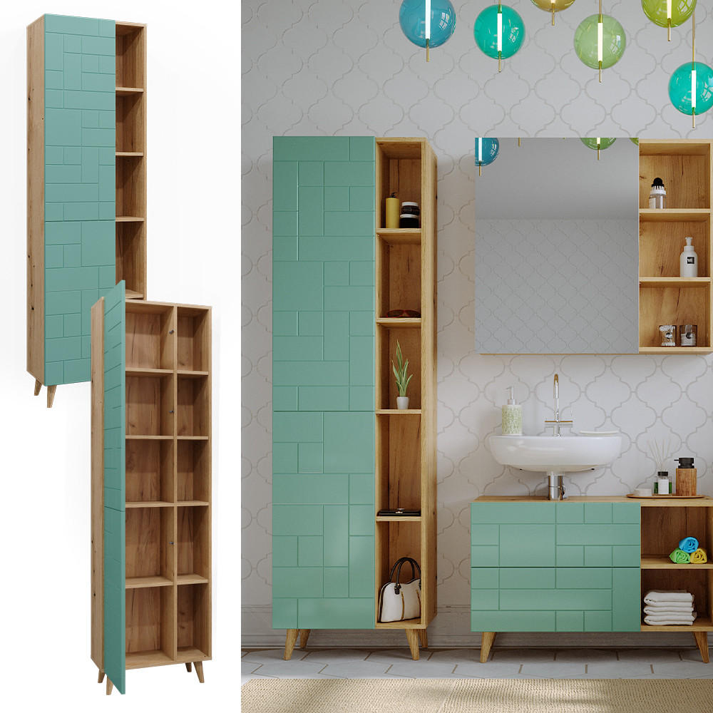 BADSCHRANK Rudi Mintgrün 56 x 193 cm mit Türen, und offenen Fächern - Mintgrün, Holzwerkstoff (56/193/30.6cm) - Vicco