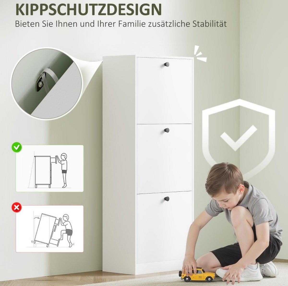 SCHUHSCHRANK mit 3 Klappen 47/26/120 cm in Weiß, schmales Design - Weiß, Holz (47/120/26cm) - BEAOK