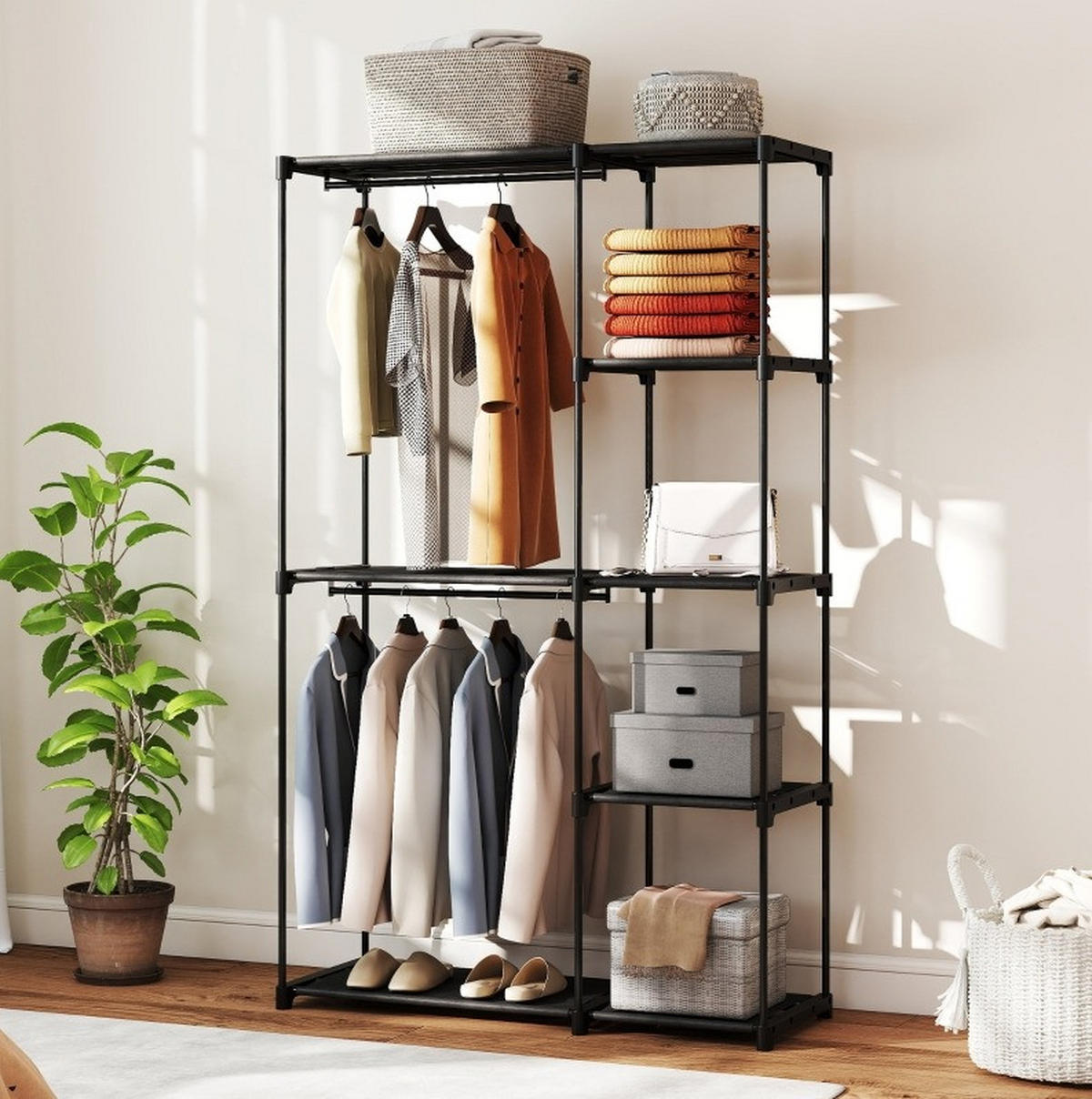 KLEIDERSCHRANK 111/185/43 cm Schwarz aus Stahl mit Kleiderstangen und Ablagen - Schwarz, Metall (43/185/111cm) - OKMYHOME