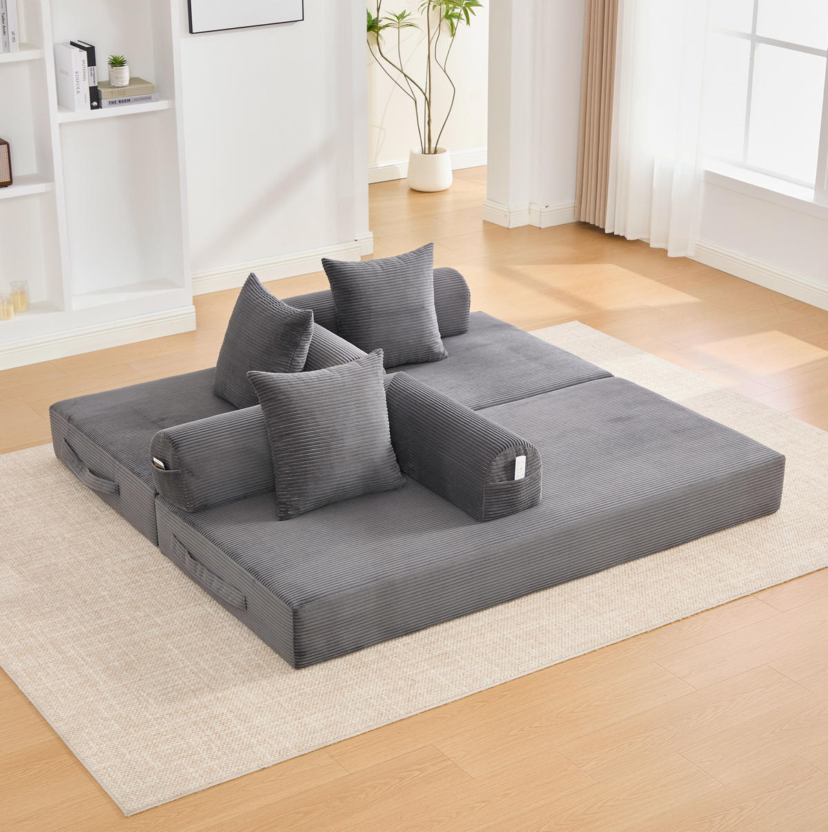 SOFA modular mit Seitentasche 200 x 94 x 67 cm Cord Dark Gray inkl. 3 Kissen - Dunkelgrau, Kunststoff (94/67/200cm) - Meubliv