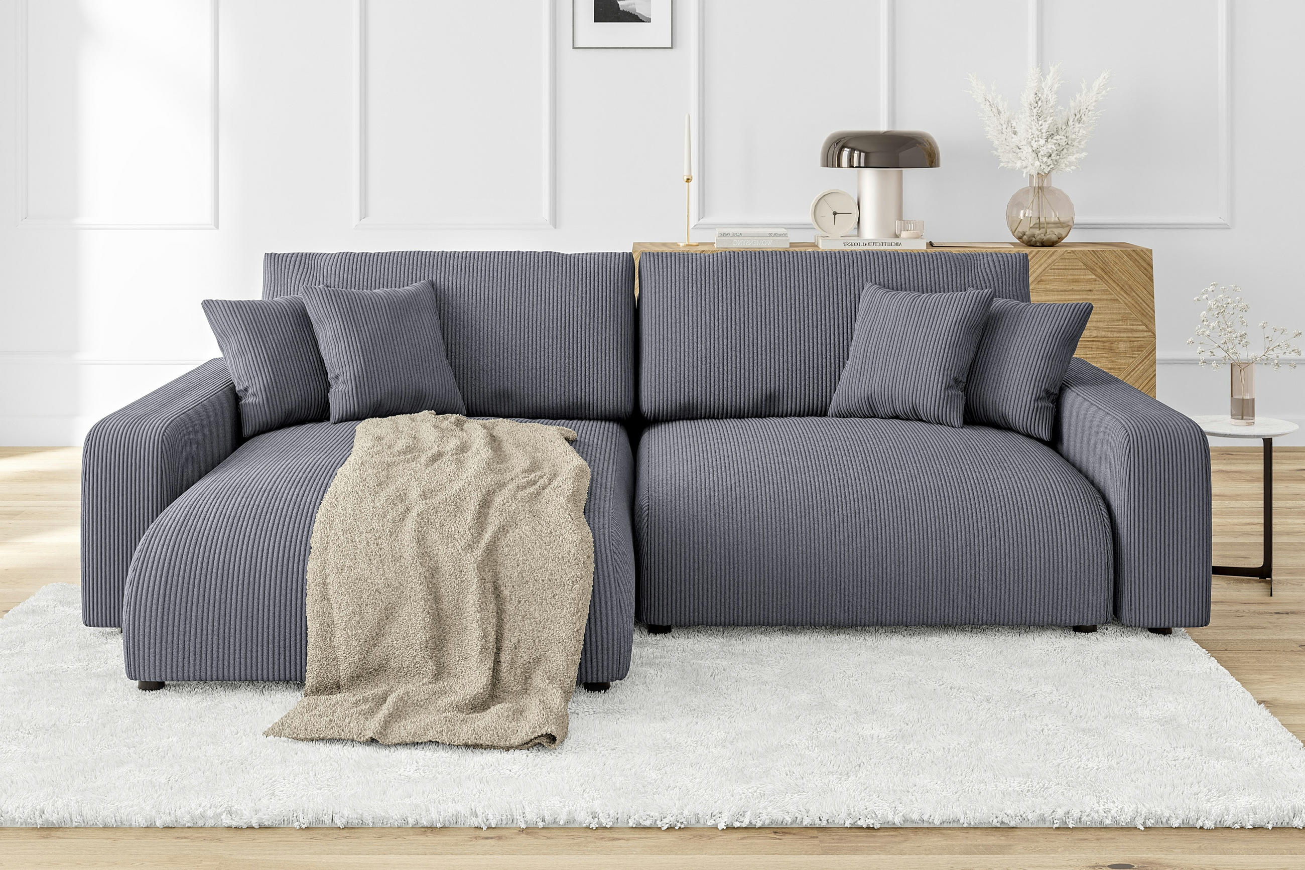 ECKSOFA Emma Grau Cord - Ottomane links - Grau, Textil (234/170cm) - S-Style Möbel